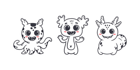 set of cartoon monsters. Cute monsters doodle. Kids funny character design for posters, cards, magazins. Line. Vector illustration