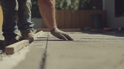 Construction worker leveling a concrete slab for a driveway. Featuring concrete leveling and groundwork