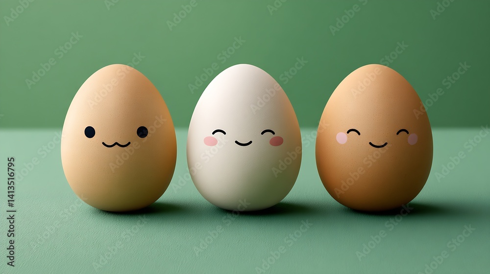 Poster cute trio of cheerful eggs with charming faces against a minimalistic green background : generative 