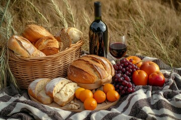 Rustic picnic setup with bread, red wine, and fresh fruit