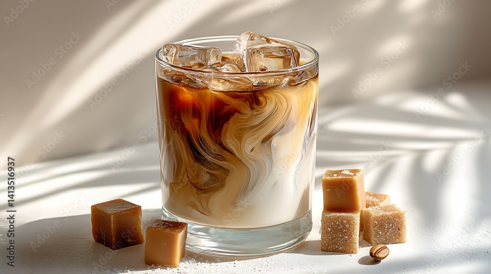 Poster freshly made coffee drink with cream swirls and sugar cubes on a light background : generative ai