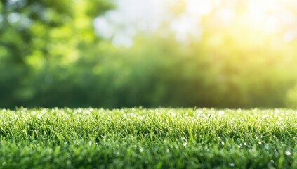 Naklejka premium Close-up of vibrant green grass with dew drops, bathed in sunlight against a blurred background of lush greenery