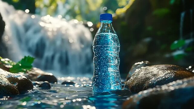 Crisp refreshment: A water bottle nestled amidst the beauty of a waterfall oasis