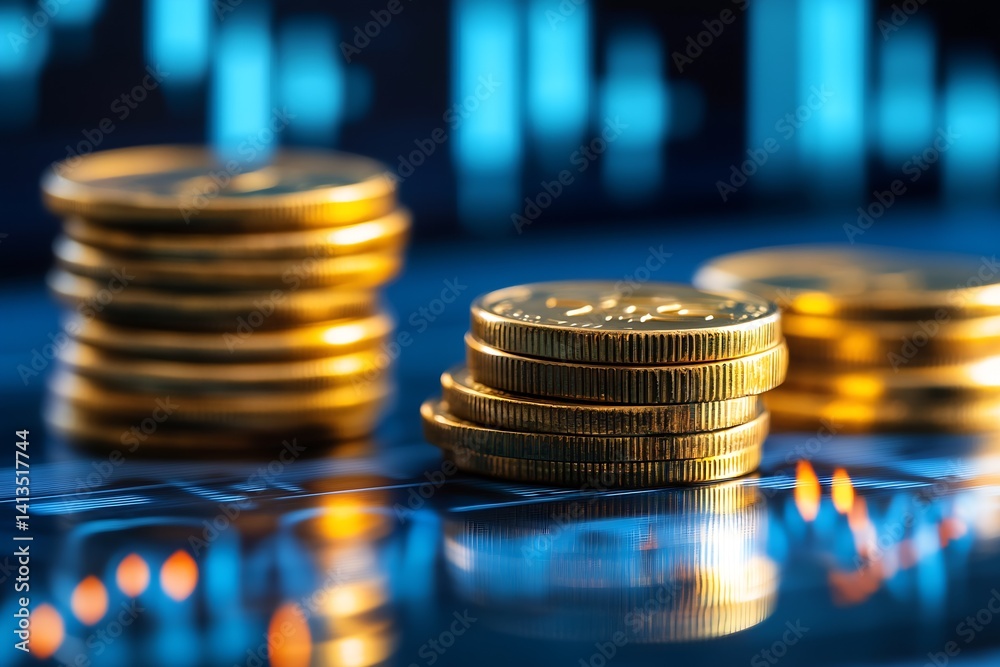 Poster stacks of golden coins with financial graph in background showcasing growth and investment opportuni
