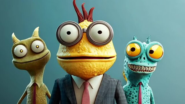 Four animated characters in suits with exaggerated features posing against a blue background