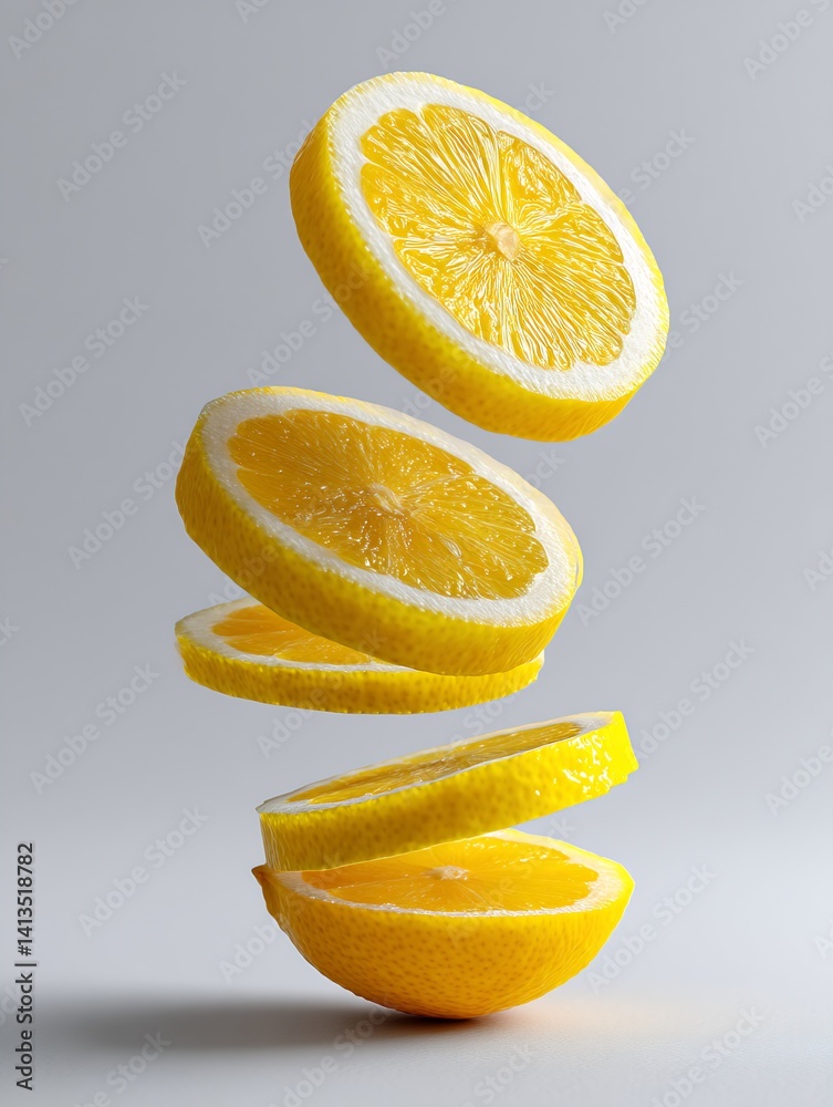 Poster Artistic depiction of floating lemon slices levitating in the air against a plain background : Generative AI