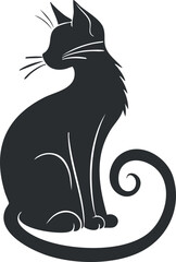 Elegant silhouette of a sitting cat with a curled tail and whimsical features.