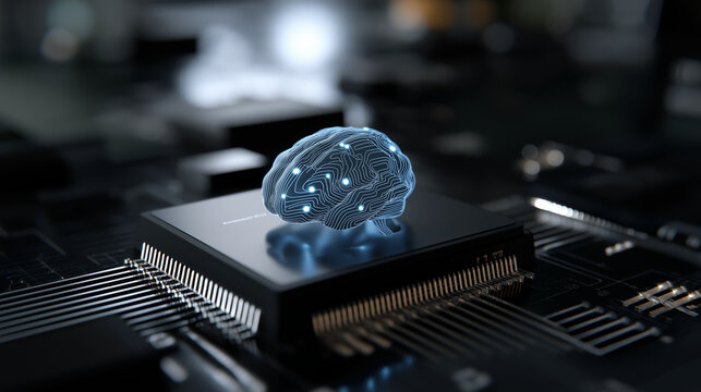 Glowing Blue Brain-Shaped Circuit on Black Microchip Technology