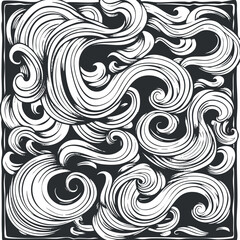 Stylized black and white illustration of swirling waves and dynamic patterns in abstract design.