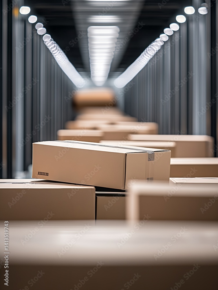 Poster corridor of neatly arranged cardboard boxes in a logistics facility indicating efficient storage and