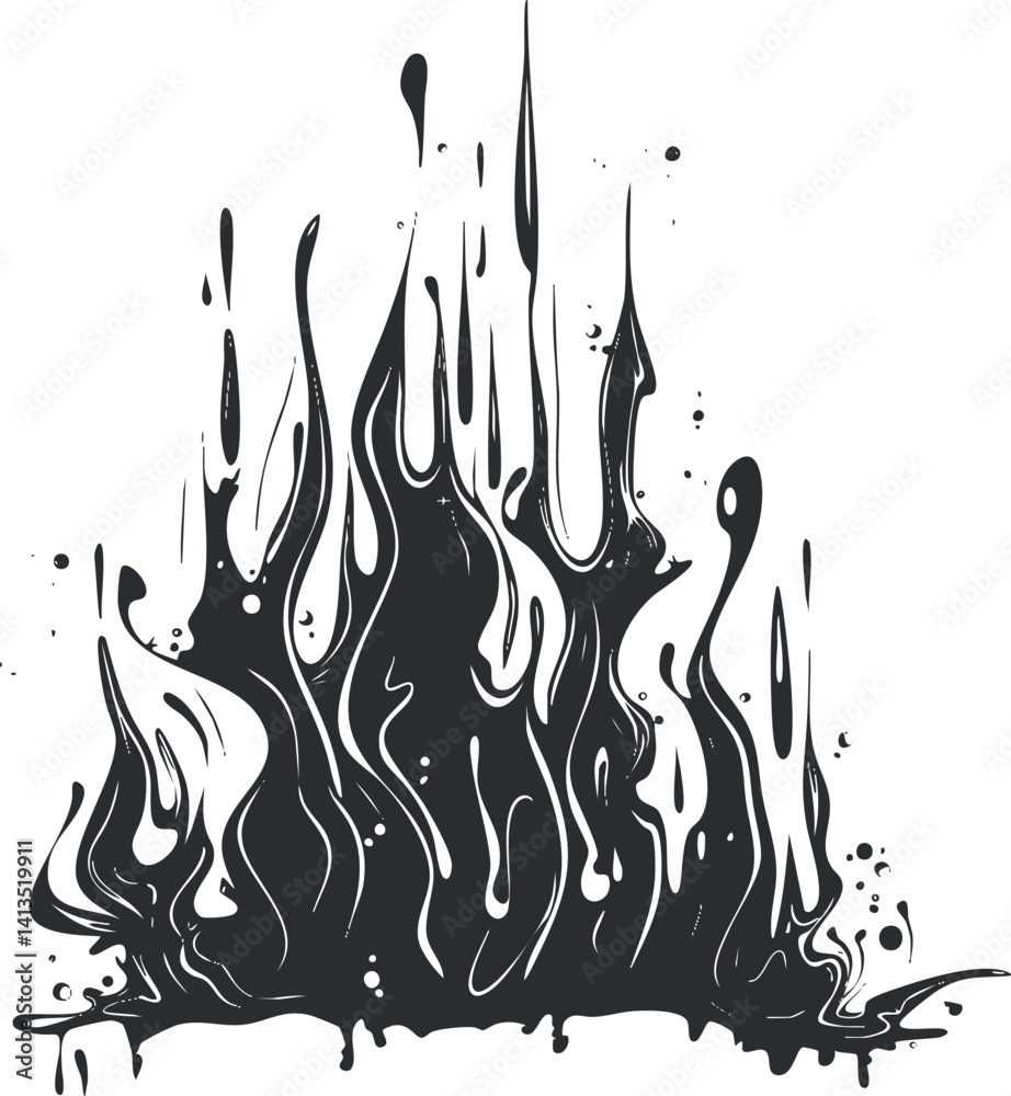 Poster stylized black flame illustration with dynamic splashes and abstract design elements for creative pr