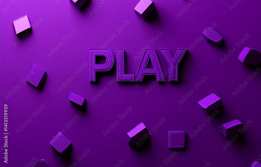 Poster Vivid purple background with the word PLAY surrounded by colorful blocks for an engaging visual experience : Generative AI