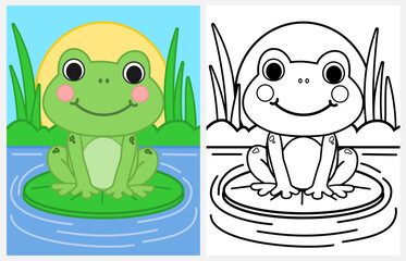 Cartoon smiling frog coloring page for kids, spring coloring page for kids