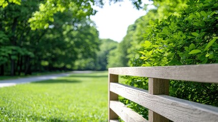 Fototapeta premium Serene green meadow wooden fence nature scene peaceful tranquil summer landscape