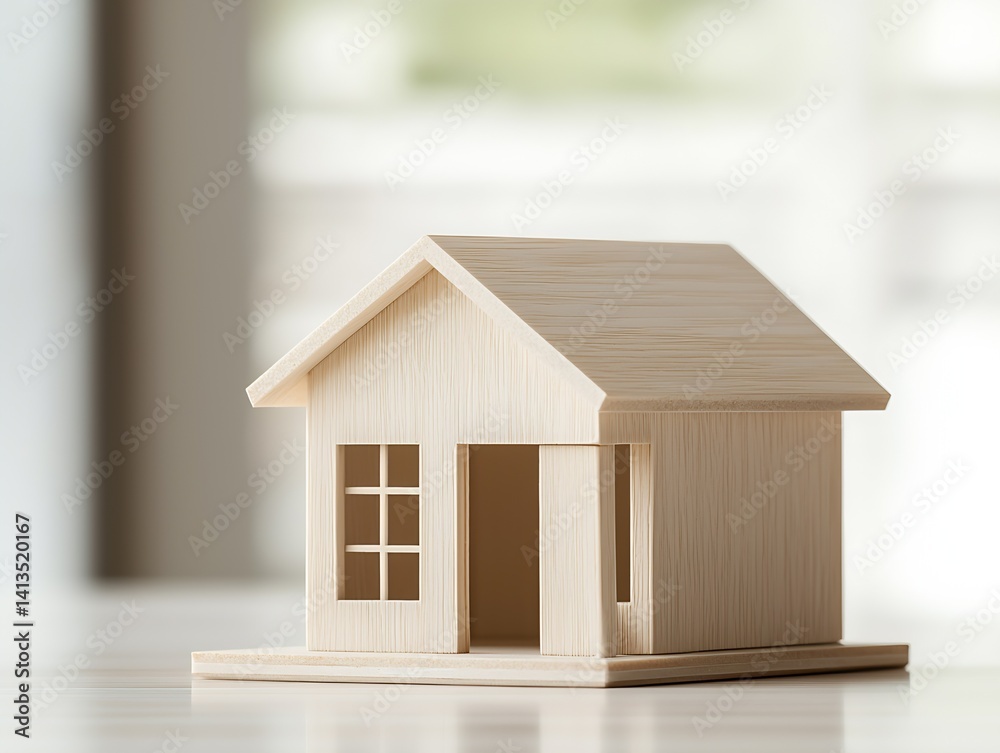 Poster elegant wooden house model showcasing architectural design with natural textures and light features 