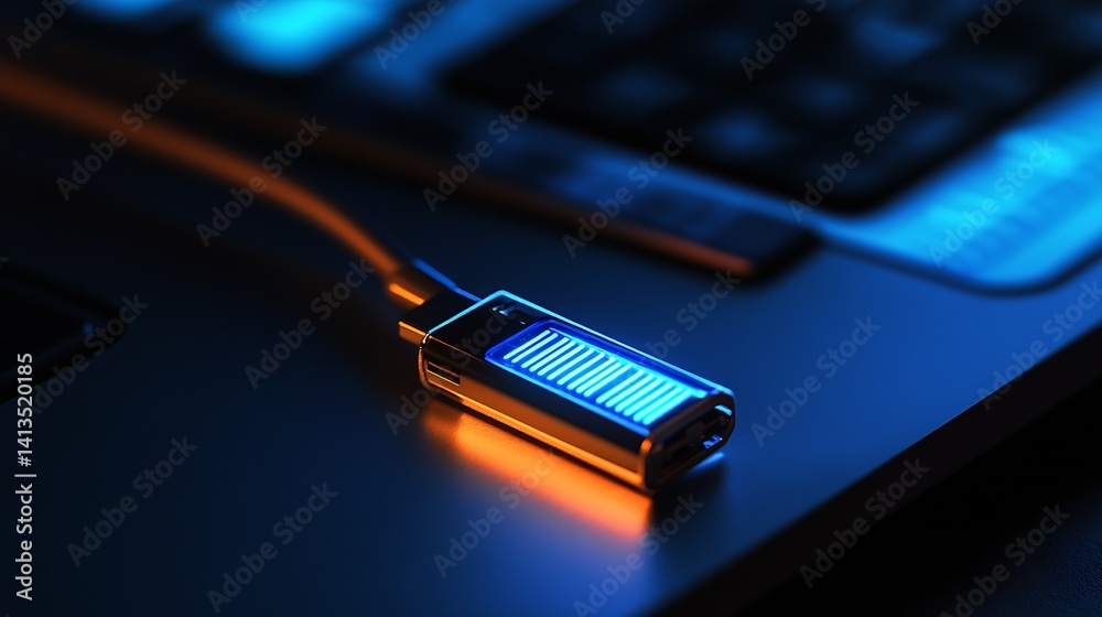 Poster Close-up of a glowing USB Type-C connector plugged into a laptop keyboard showcasing advanced technology : Generative AI