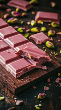 Delicious ruby chocolate bar with pistachios on rustic wooden board