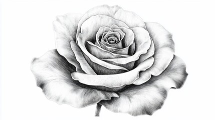 Realistic, monochrome rose drawing with detailed petals and shading