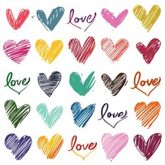 Colorful Heart Shapes and Handwritten Love Text on a White Background Perfect for Valentine's Day or Romantic Theme Designs, Celebrating Affection and Connection