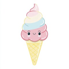 Cute and Colorful Soft Serve Ice Cream Cone with a Smiling Face, Featuring Pink, Blue, and Yellow Swirls on a Crunchy Waffle Cone Perfect for Summer Treats