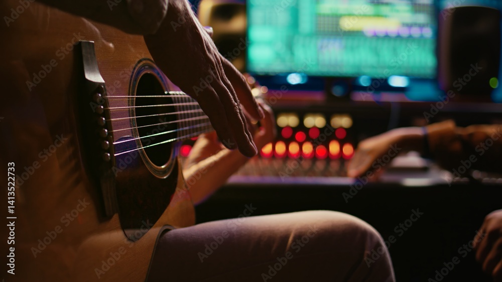 Aufkleber Skilled composer producing and recording new track on guitar, creating a live performance in control room. Songwriter artist composing music for his new album. Close up. Camera B.