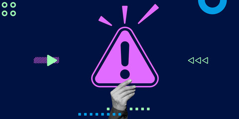 Warning Symbol with Hand Gesture. A hand holding a purple warning triangle with an exclamation mark against a dark background, emphasizing the need for caution or attention. Minimalist art collage