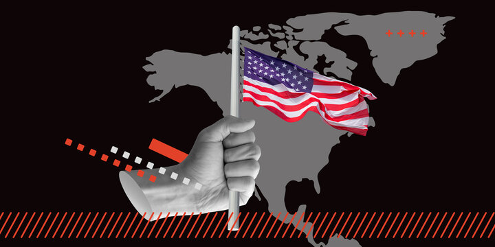 American Influence on Global Politics and Economy Concept. Hand holding American flag over silhouette of USA map. Minimalist art collage.