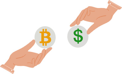 Bitcoin and dollar symbol in hand vector illustration