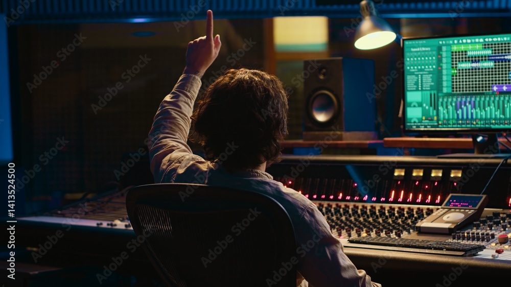 Fototapete sound engineer counting down for artist in vocal booth to start singing and producing new music, con