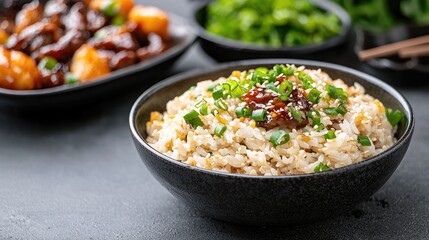 Delicious rice dish with sauces and vegetables appealing food photography for culinary websites and restaurants