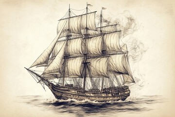 Fototapeta premium An artistic drawing showing a large sailing ship at sea gracefully
