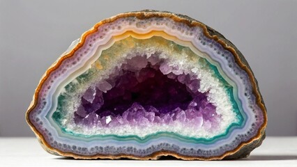This image showcases the inner beauty of a geode, with its rough brown exterior giving way to vibrant layers and a stunning core of dark purple crystals
