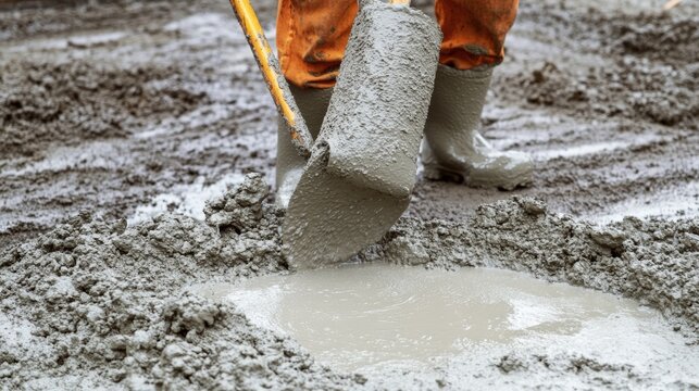 Construction worker mixing cement for foundation work. Featuring expertise and teamwork