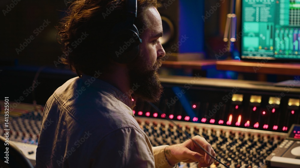 Poster Mixing engineer pressing sliders on control desk to balance tracks and add sound effects, creating new music. Audio engineering expert works with motorized faders in professional studio. Camera A.