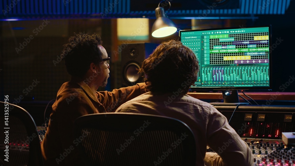 Leinwandbilder Team of sound engineers working on recording and editing tracks in professional studio control room, collaborating on mix and master audio files. Musician and technician pressing sliders. Camera A.