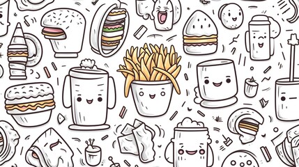 Professional seamless pattern design featuring fun characters mascots, burger, and fries