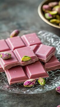 Delicious ruby chocolate bars with pistachios on elegant glass plate