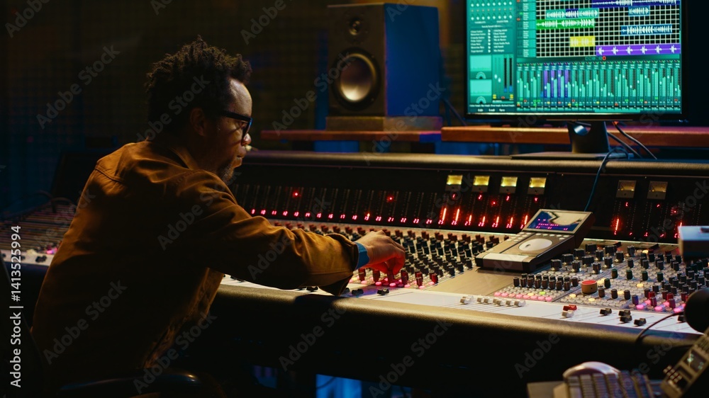 Aufkleber african american audio expert adding sound effects on tracks in post production, operating mixing co