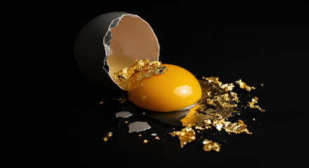 Broken Egg Shell with Yolk and Gold Flakes Finance Risk Concept
