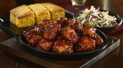 Glazed chicken wings, sides of cornbread and coleslaw. Dinner meal presentation