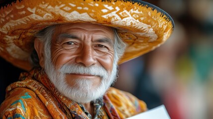A cheerful elderly man wearing a vibrant sombrero and scarf exuding warmth and cultural richne