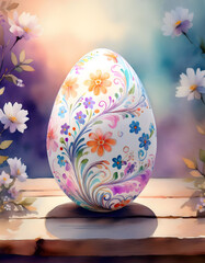 Fototapeta premium A beautifully decorated egg with intricate floral patterns in various colors, set against a soft, dreamy background Generative AI