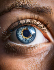 Close-up of a detailed blue human eye with visible iris texture and eyelashes. Generative AI.