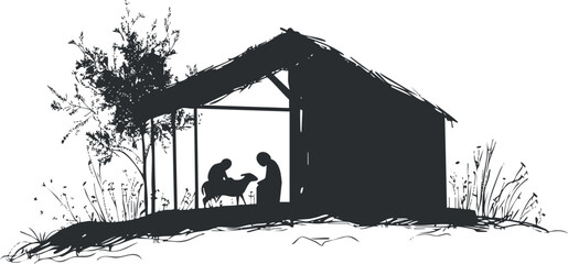 A silhouette of a family engaging in playful activity outside their rustic home in nature.