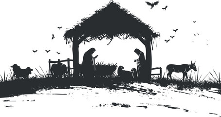 Obraz premium Silhouette of a rural farm scene featuring animals, a farmhouse, and people at work.