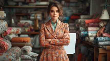 Obraz premium A confident individual in a stylish floral suit stands with arms crossed in a vibrant fabric st