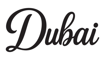 Elegant black script "Dubai" typography with bold cursive typeface on white background. Sophisticated logo or signage design, clean minimalist monochromatic style. Hand-drawn elegance, centered 