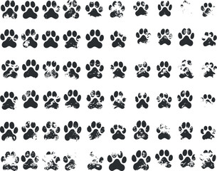 A seamless pattern of black and white paw prints with a grunge texture design.