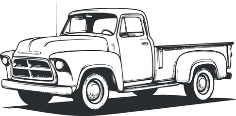A vintage pickup truck illustration showcasing classic design and retro style in a simple outline.