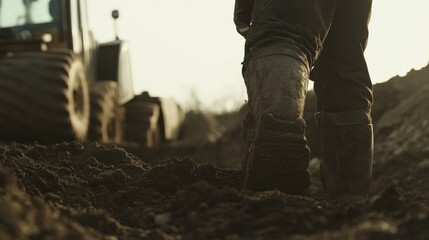 Construction worker operating a backhoe for site excavation. Featuring precision and control